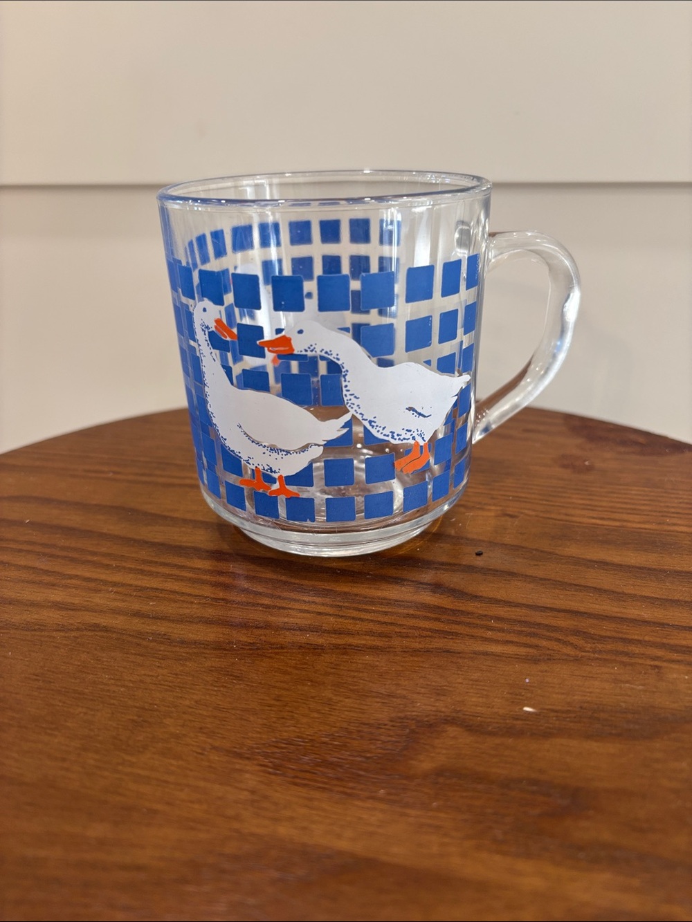Vintage 1982 Carlton White Goose Glass Mug with Blue Check Pattern